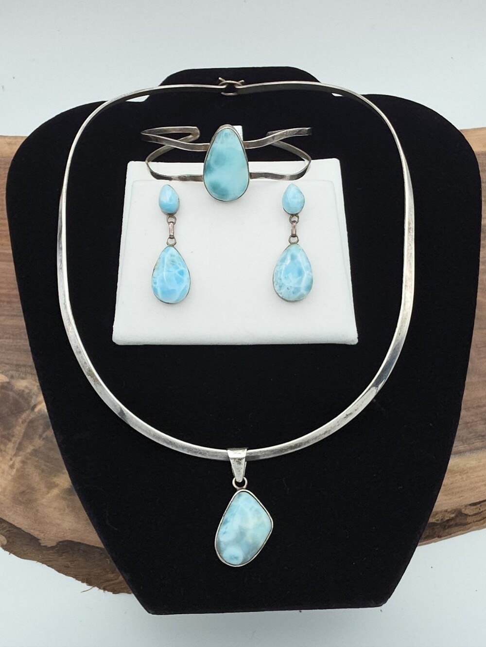 Pre 1950s 925 Taxco? Sterling Silver Larimar 3pc Set Necklace Bracelet Earrings